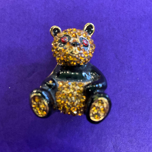 Vintage Butler and Wilson Petite Panda Crystal Brooch, Gold Tone with Black Enamel and dark gold rhinestones