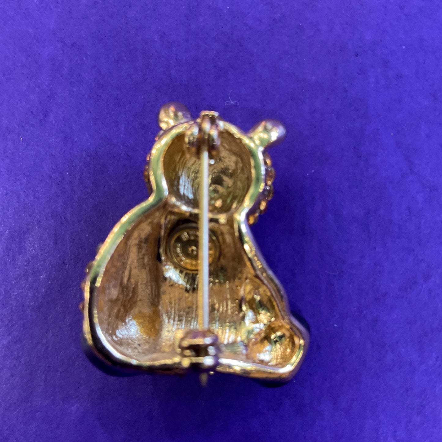 Vintage Butler and Wilson Petite Panda Crystal Brooch, Gold Tone with Black Enamel and dark gold rhinestones