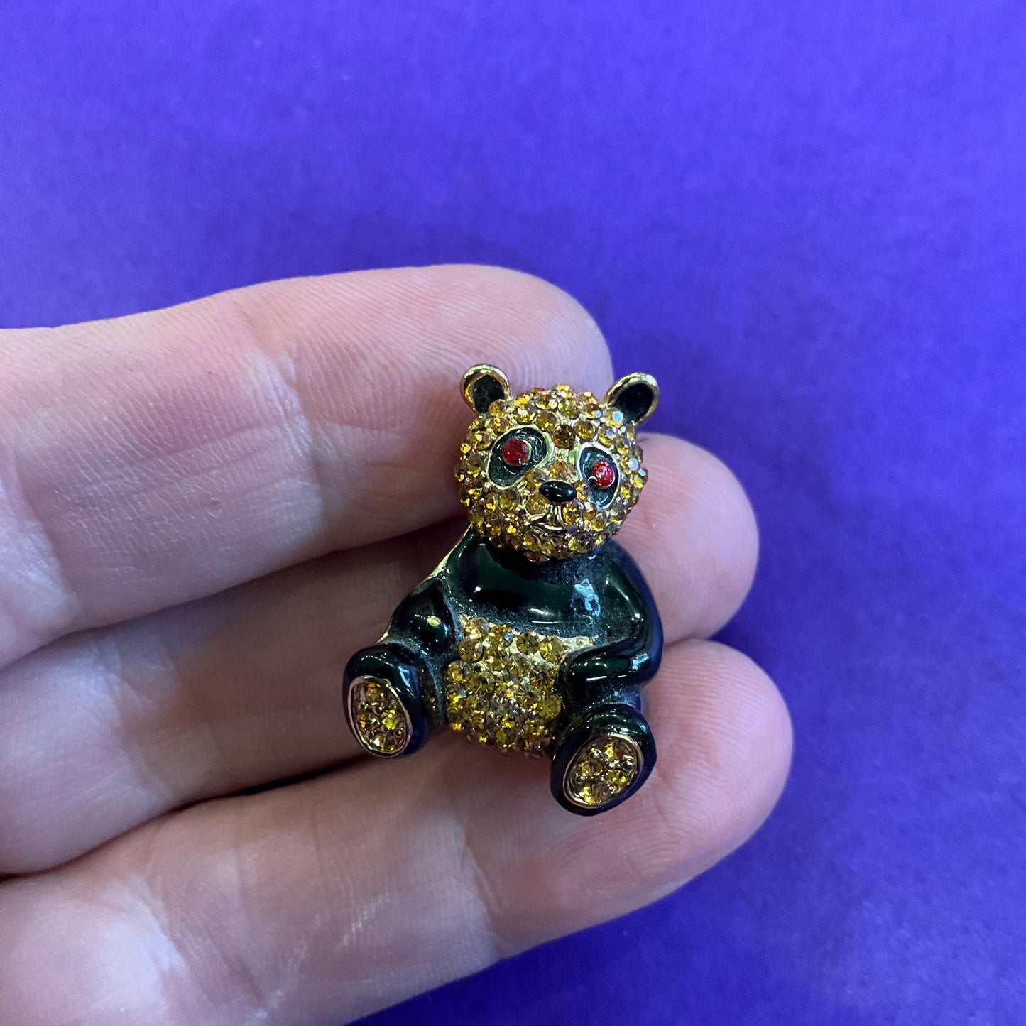 Vintage Butler and Wilson Petite Panda Crystal Brooch, Gold Tone with Black Enamel and dark gold rhinestones