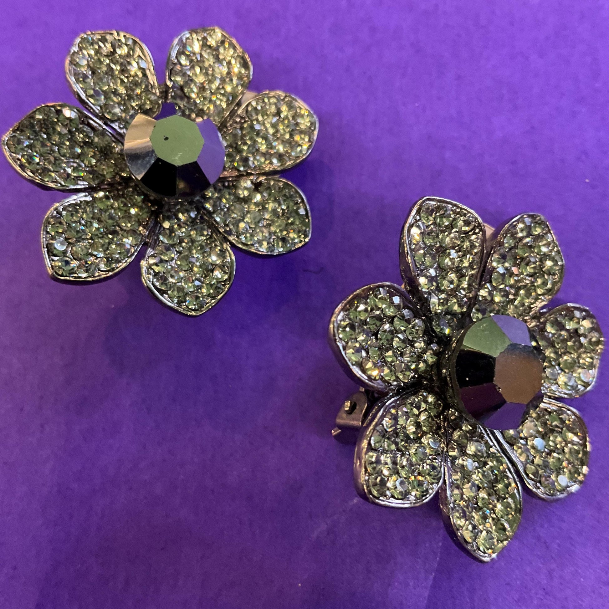 Vintage Butler and Wilson Pewter Tone Large Daisy Crystal Clip on Earrings, Signed as new