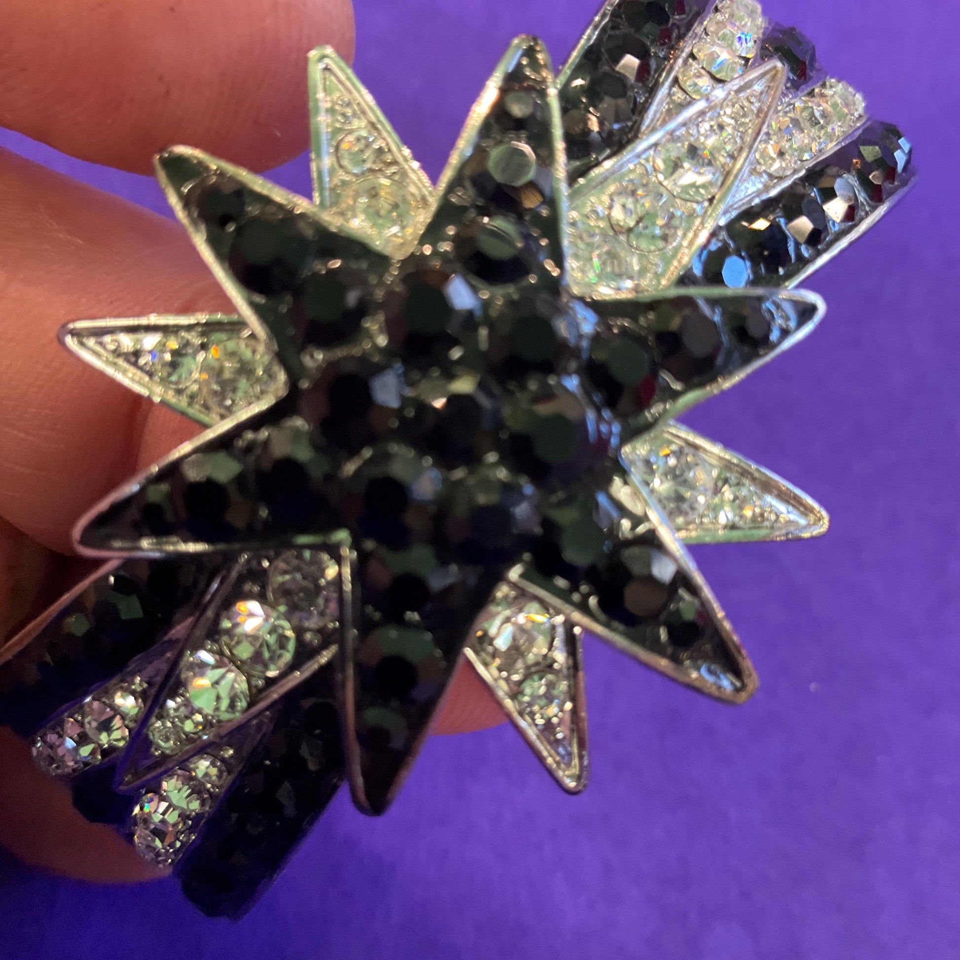 Vintage Butler and Wilson Monotone Art Deco Style Star Bangle, Silver tone with black and silver rhinestones