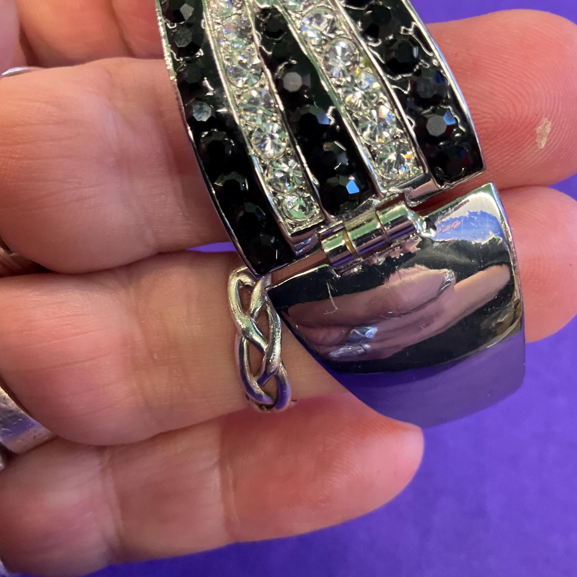 Vintage Butler and Wilson Monotone Art Deco Style Star Bangle, Silver tone with black and silver rhinestones