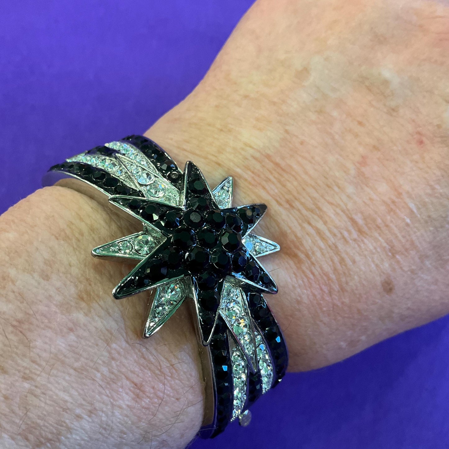 Vintage Butler and Wilson Monotone Art Deco Style Star Bangle, Silver tone with black and silver rhinestones