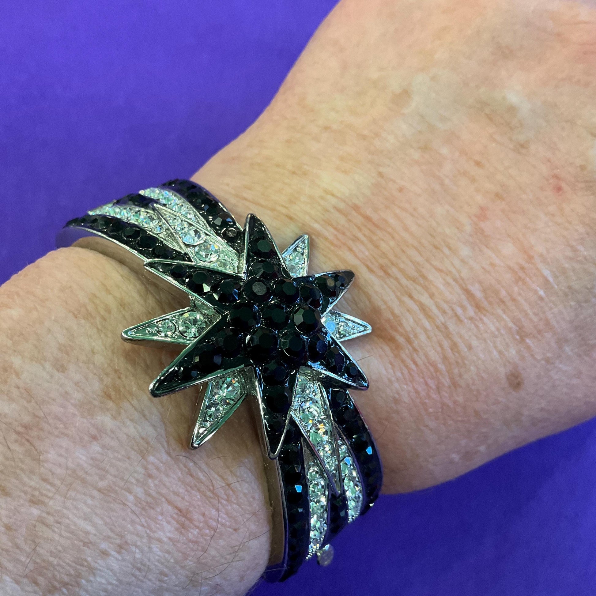 Vintage Butler and Wilson Monotone Art Deco Style Star Bangle, Silver tone with black and silver rhinestones