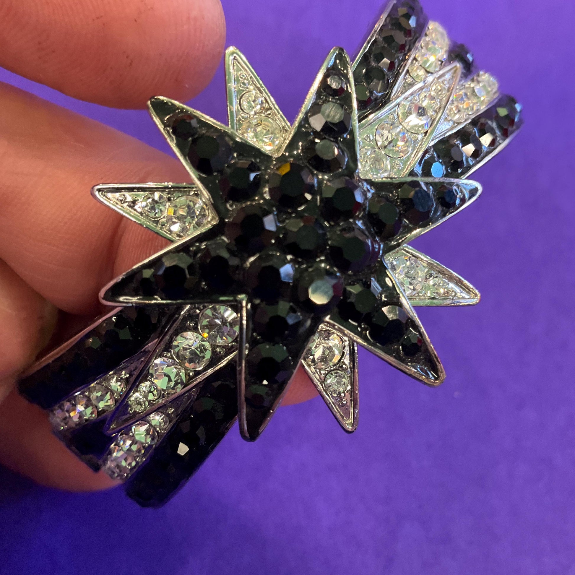 Vintage Butler and Wilson Monotone Art Deco Style Star Bangle, Silver tone with black and silver rhinestones