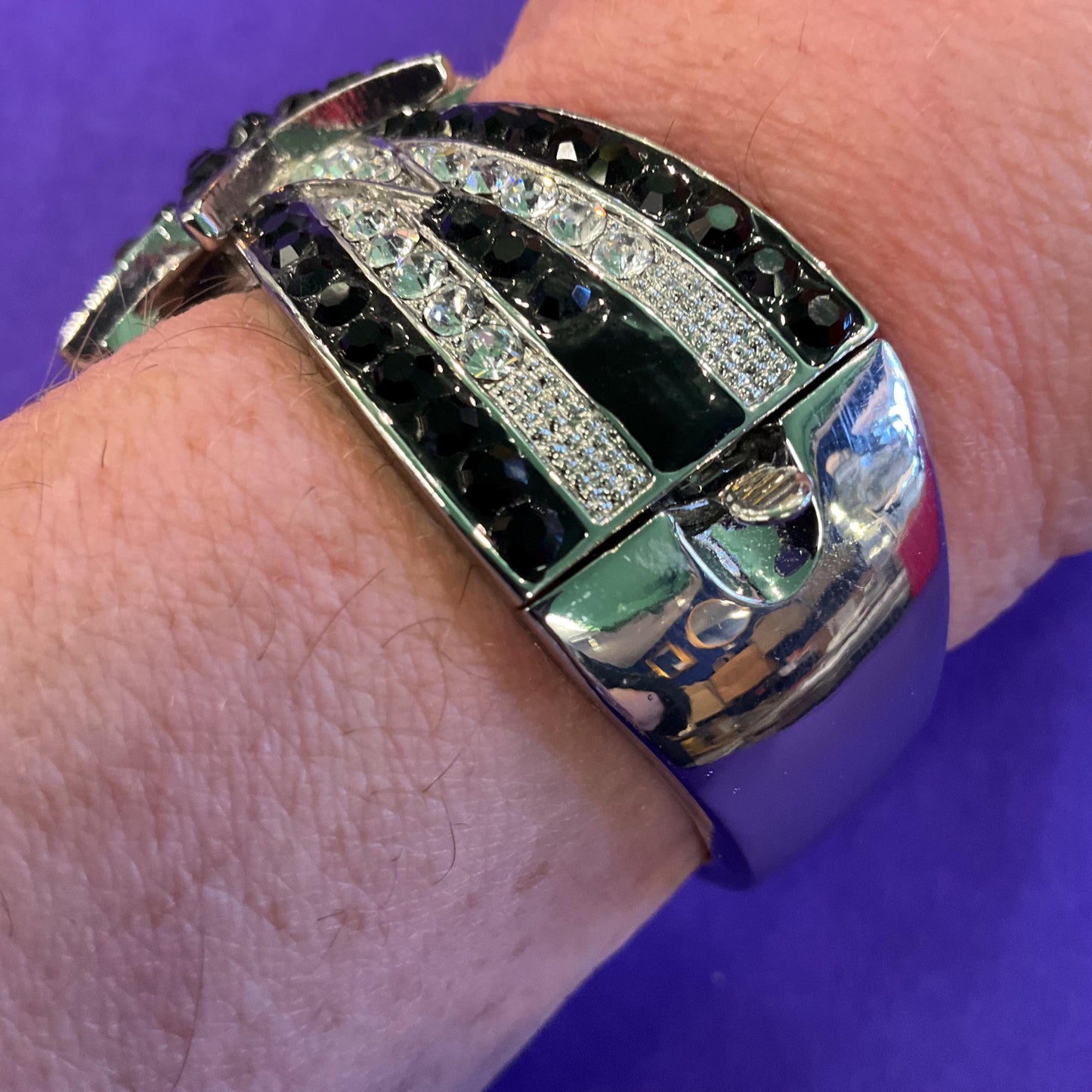 Vintage Butler and Wilson Monotone Art Deco Style Star Bangle, Silver tone with black and silver rhinestones