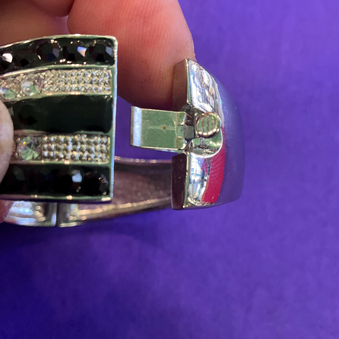 Vintage Butler and Wilson Monotone Art Deco Style Star Bangle, Silver tone with black and silver rhinestones