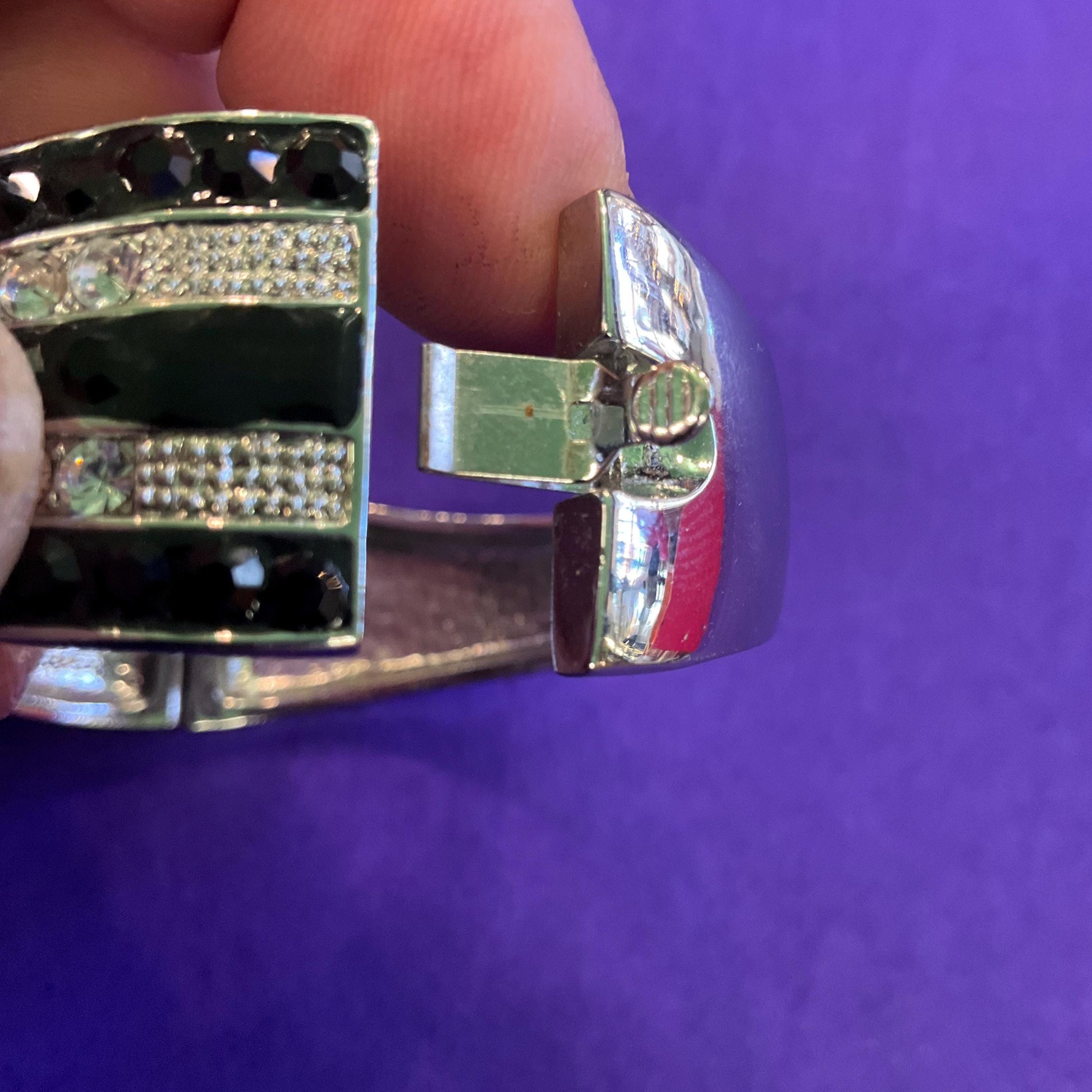 Vintage Butler and Wilson Monotone Art Deco Style Star Bangle, Silver tone with black and silver rhinestones
