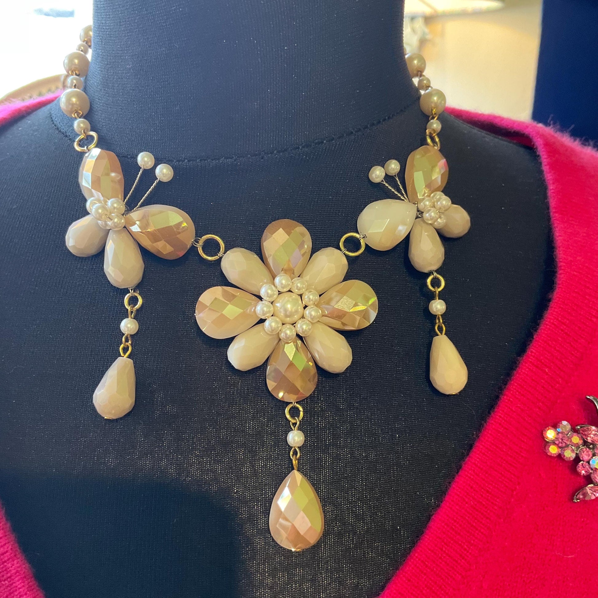 Vintage Butler and Wilson Bohemian Gold and Ivory Crystal and Faux Pearl Flower and Butterflies Drop Necklace, signed as new