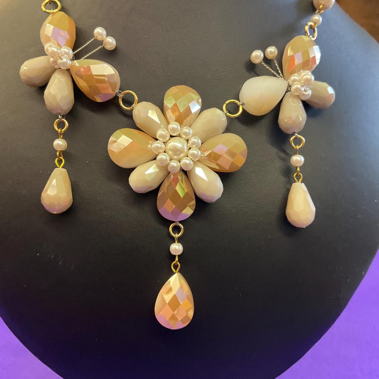 Vintage Butler and Wilson Bohemian Gold and Ivory Crystal and Faux Pearl Flower and Butterflies Drop Necklace, signed as new