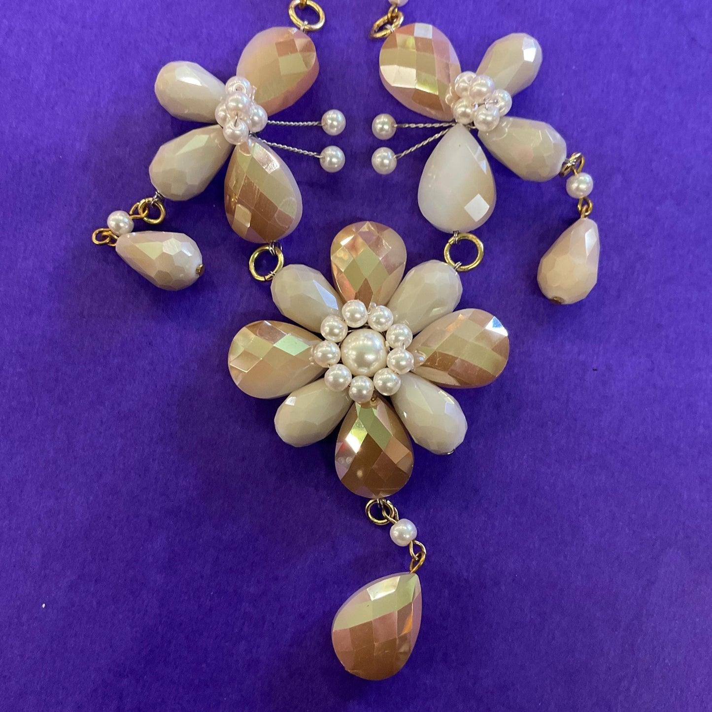 Vintage Butler and Wilson Bohemian Gold and Ivory Crystal and Faux Pearl Flower and Butterflies Drop Necklace, signed as new