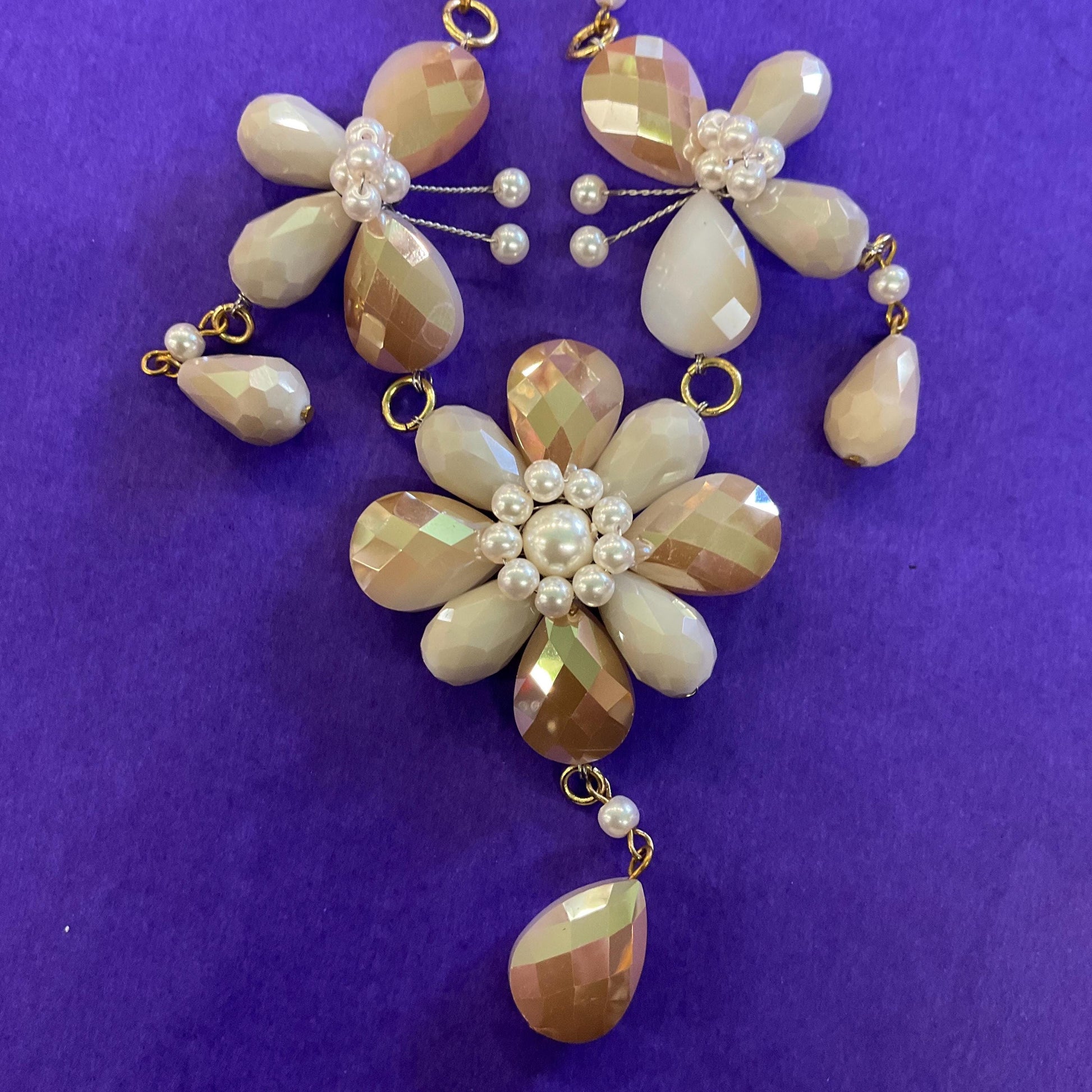 Vintage Butler and Wilson Bohemian Gold and Ivory Crystal and Faux Pearl Flower and Butterflies Drop Necklace, signed as new