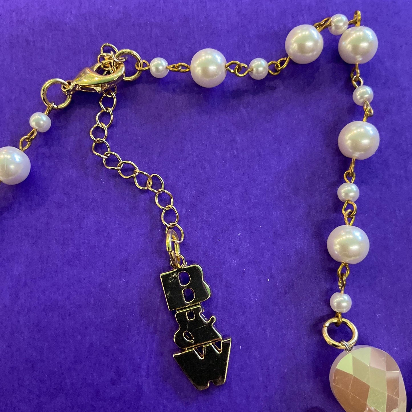 Vintage Butler and Wilson Bohemian Gold and Ivory Crystal and Faux Pearl Flower and Butterflies Drop Necklace, signed as new