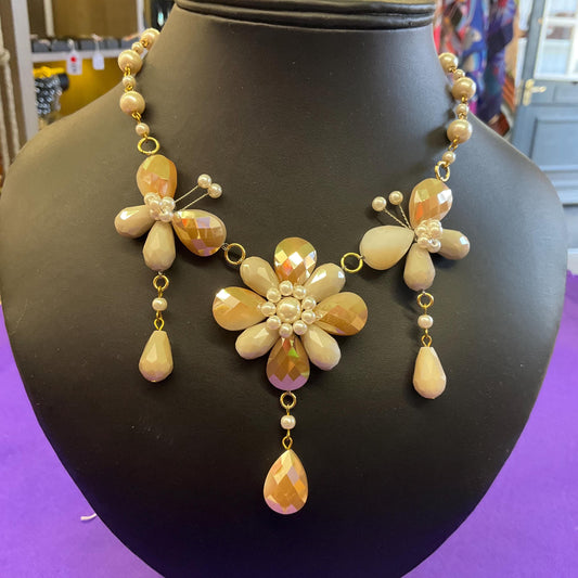 Vintage Butler and Wilson Bohemian Gold and Ivory Crystal and Faux Pearl Flower and Butterflies Drop Necklace, signed as new