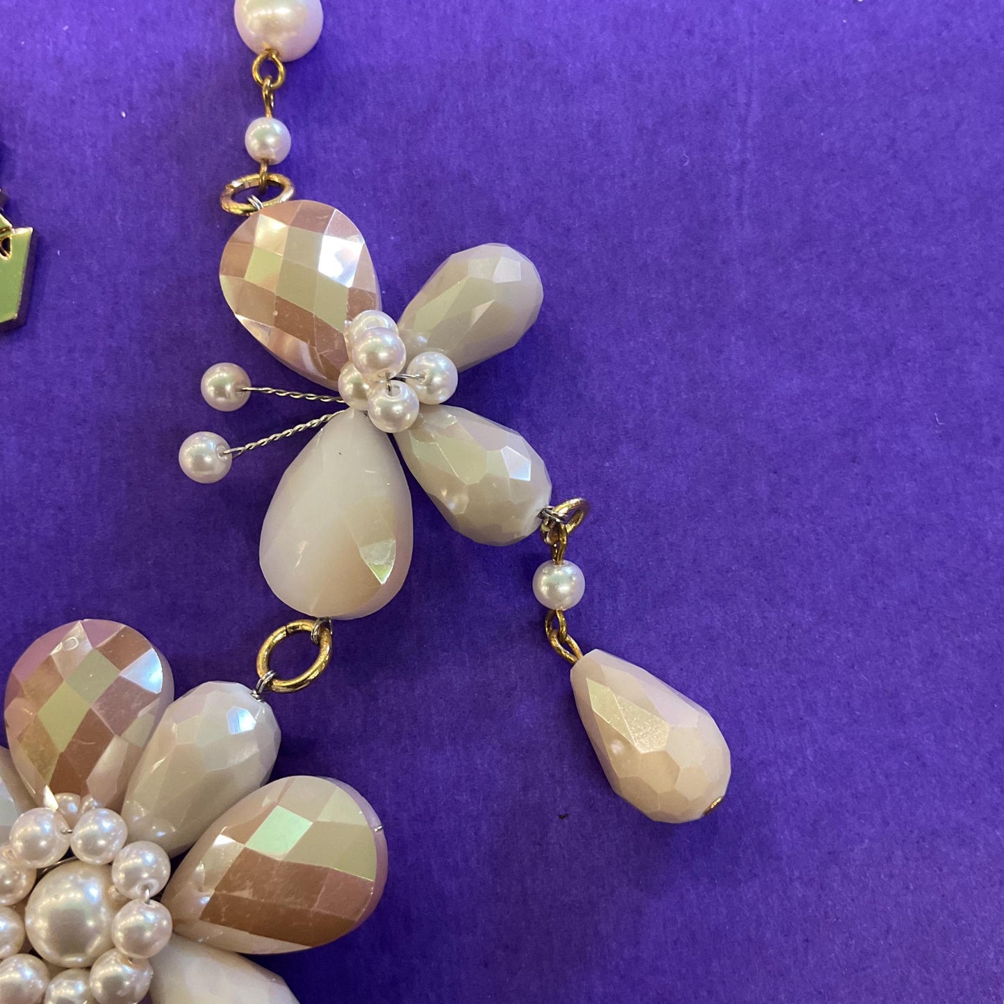Vintage Butler and Wilson Bohemian Gold and Ivory Crystal and Faux Pearl Flower and Butterflies Drop Necklace, signed as new