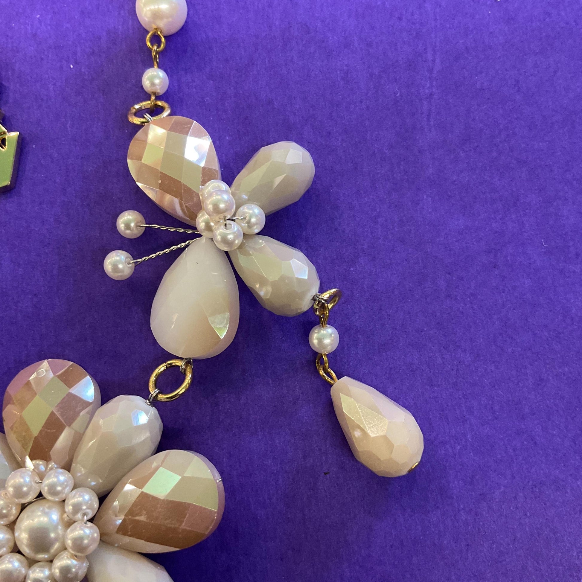Vintage Butler and Wilson Bohemian Gold and Ivory Crystal and Faux Pearl Flower and Butterflies Drop Necklace, signed as new