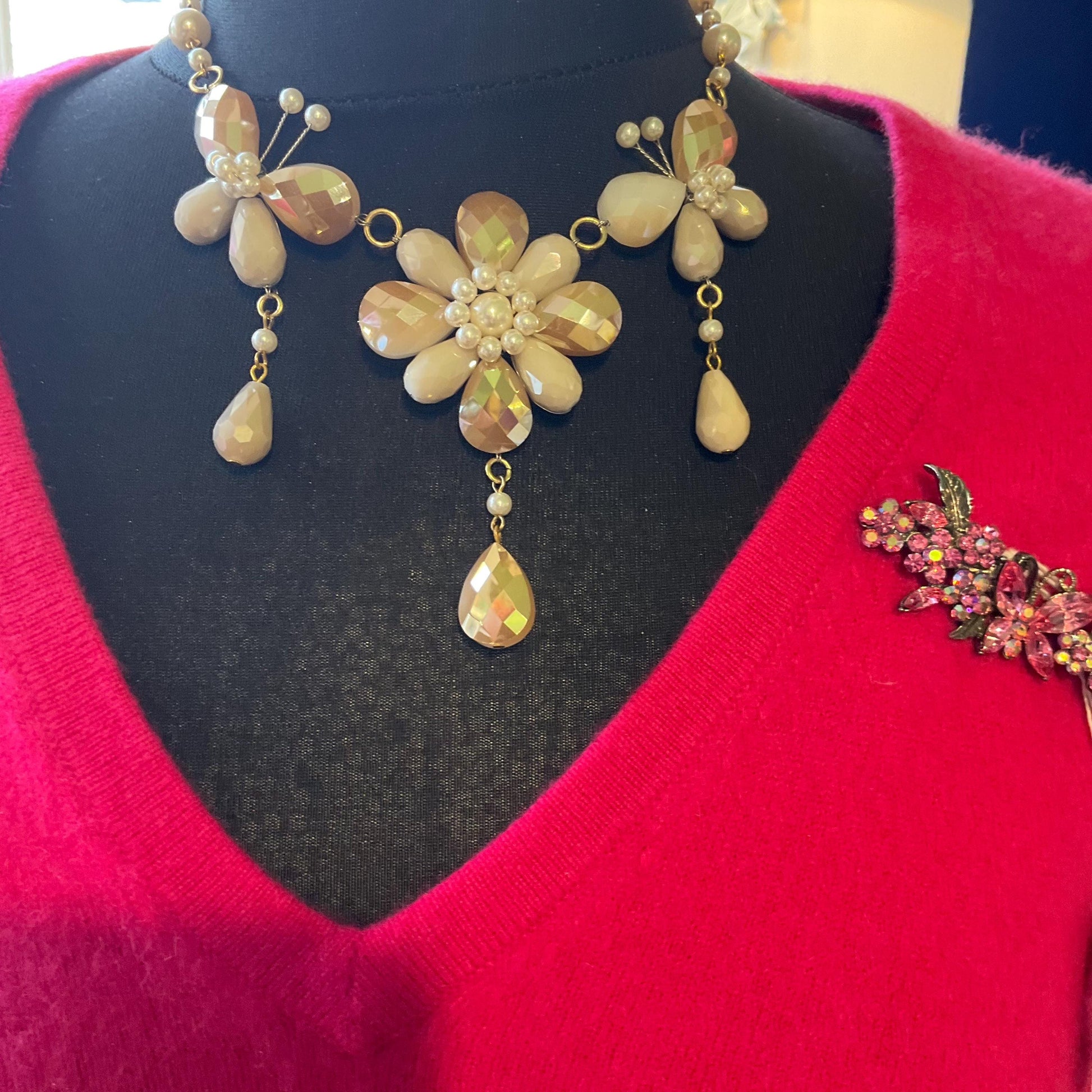 Vintage Butler and Wilson Bohemian Gold and Ivory Crystal and Faux Pearl Flower and Butterflies Drop Necklace, signed as new