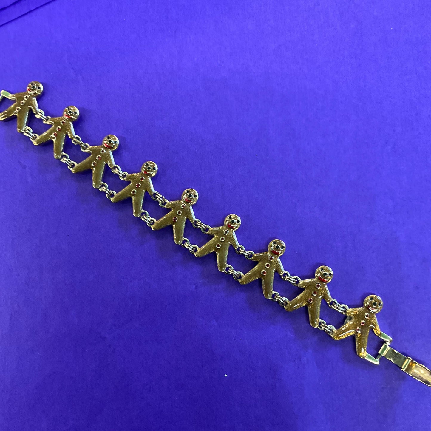 Vintage Butler and Wilson Gold Tone Enamel Gingerbread Man Bracelet, Signed as new