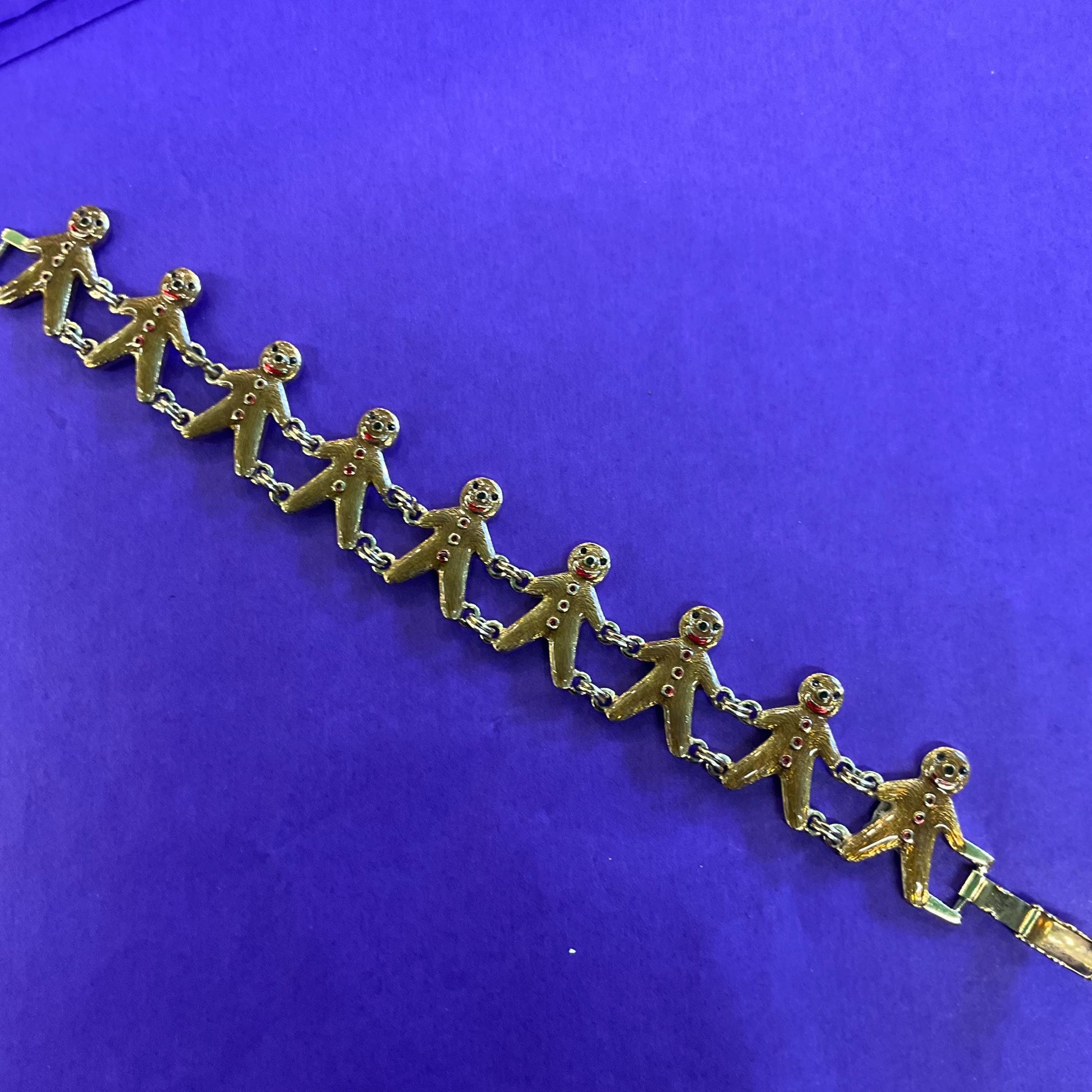 Vintage Butler and Wilson Gold Tone Enamel Gingerbread Man Bracelet, Signed as new