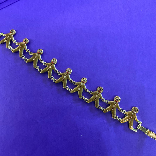 Vintage Butler and Wilson Gold Tone Enamel Gingerbread Man Bracelet, Signed as new