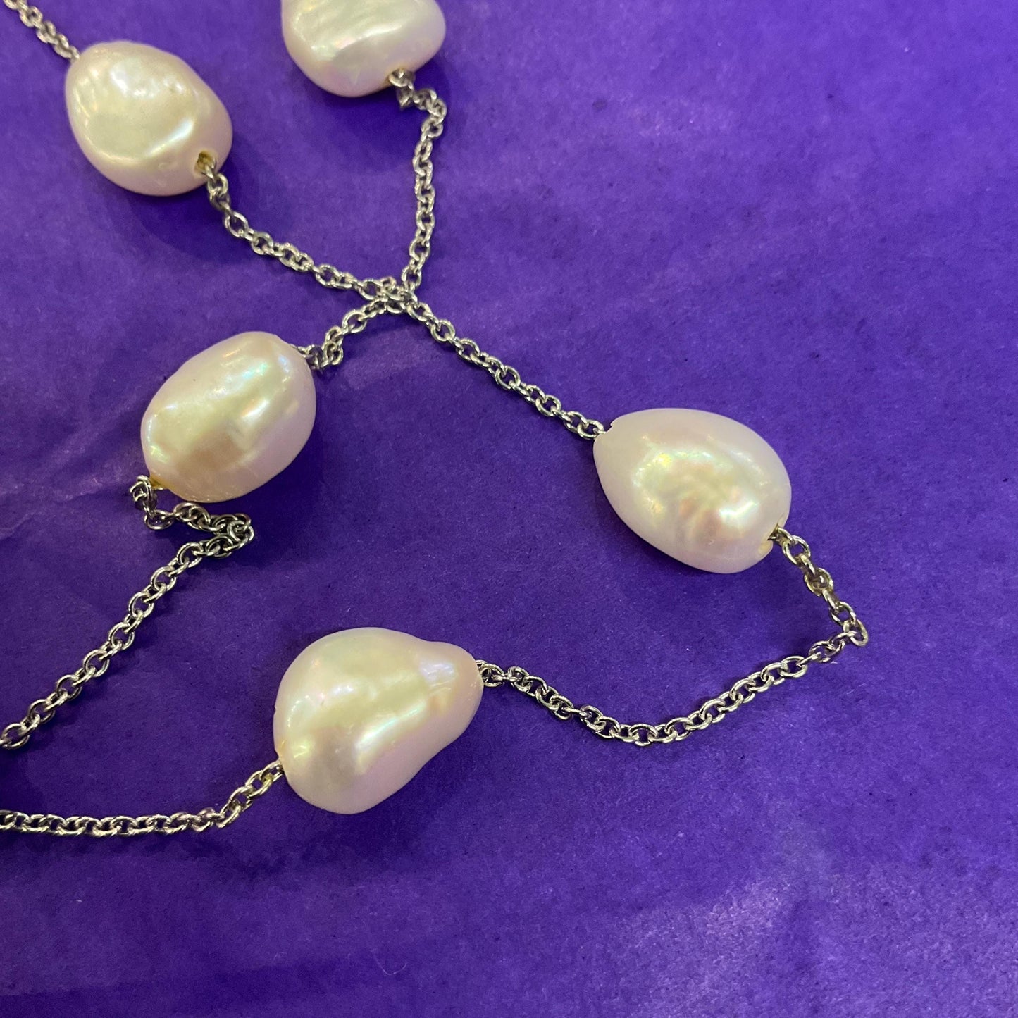 Vintage Flapper Length Ivory Baroque Pearl Chain Necklace