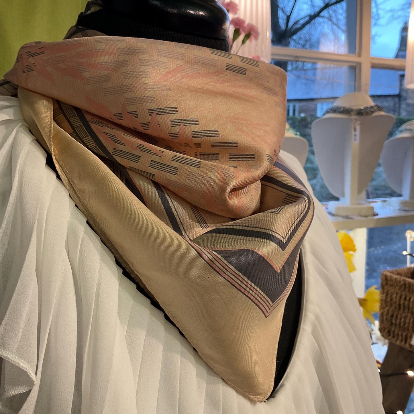 Vintage Liberty of London Pure Silk Scarf in Pale Pink and Grey Bamboo Print