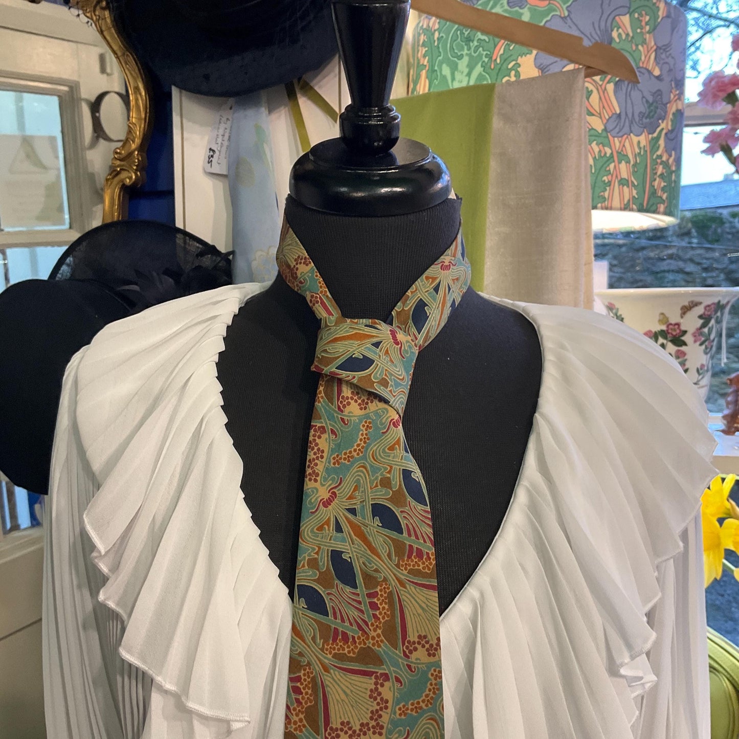 Vintage Liberty of London Ianthe Tana Lawn Tie in Muted Shades of Brown, Teal, Red and Navy