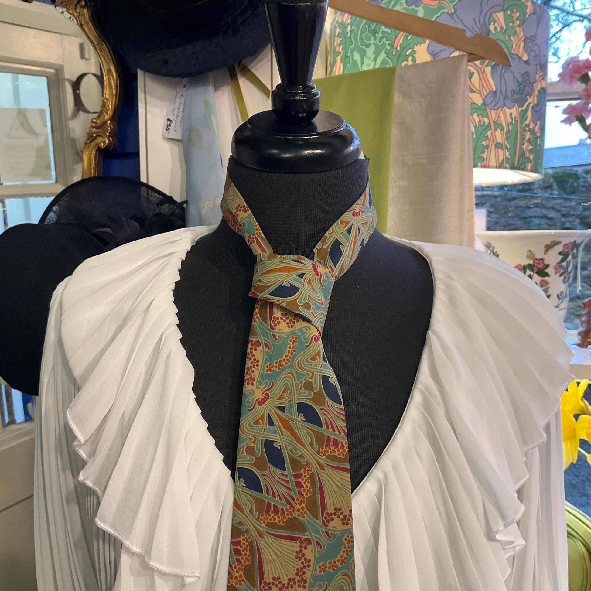 Vintage Liberty of London Ianthe Tana Lawn Tie in Muted Shades of Brown, Teal, Red and Navy