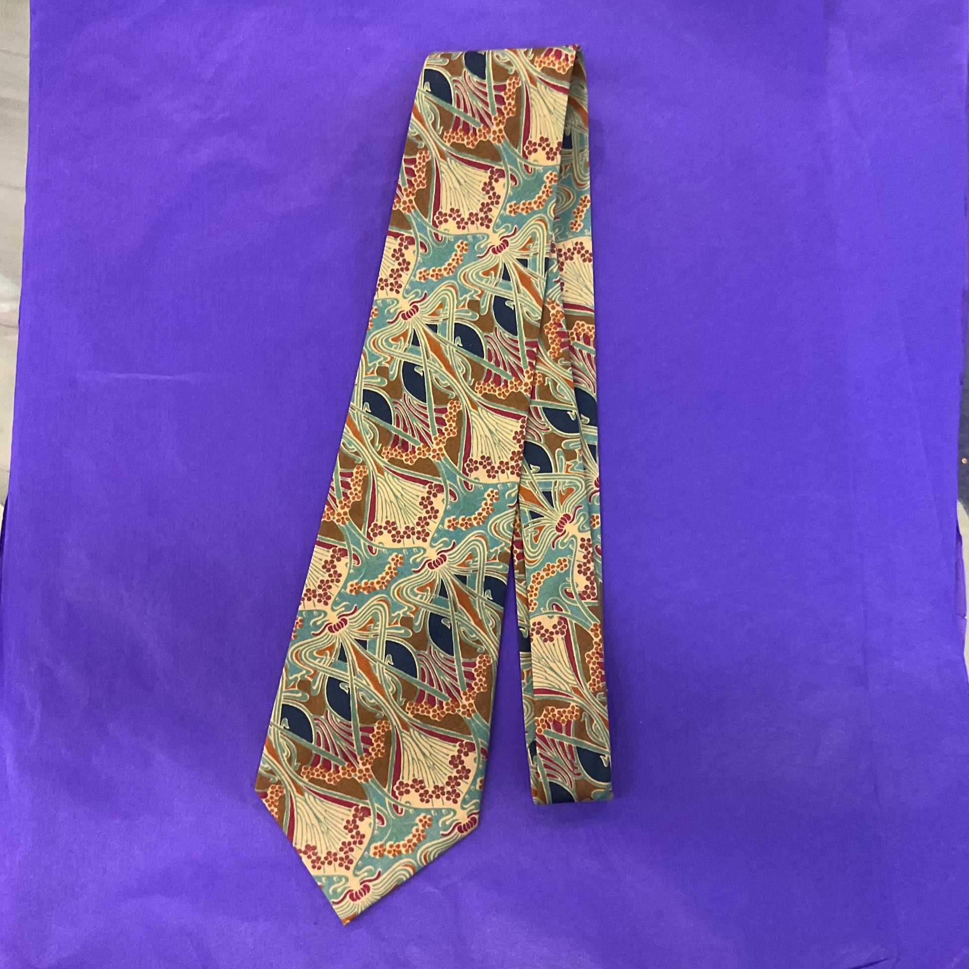 Vintage Liberty of London Ianthe Tana Lawn Tie in Muted Shades of Brown, Teal, Red and Navy