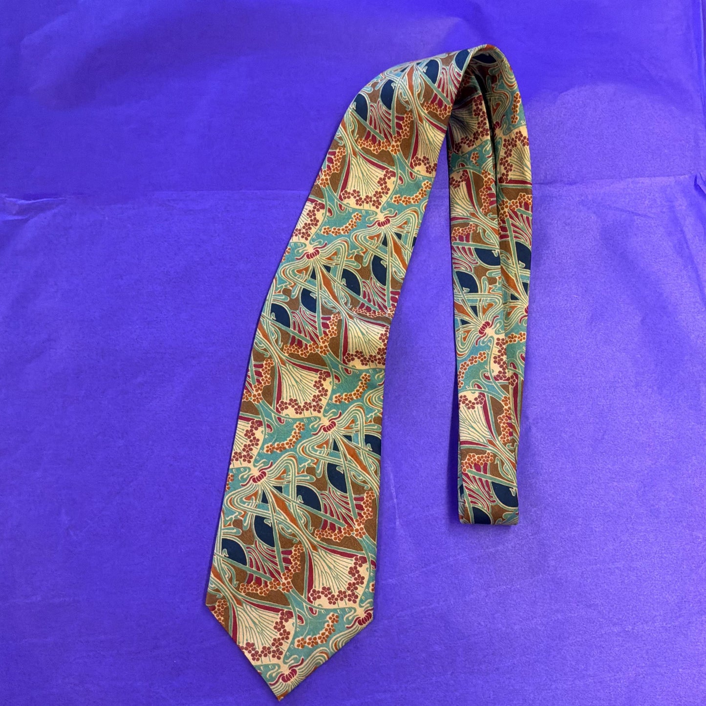 Vintage Liberty of London Ianthe Tana Lawn Cotton Tie, Shades of Turquoise Blue, Gold, and Orange