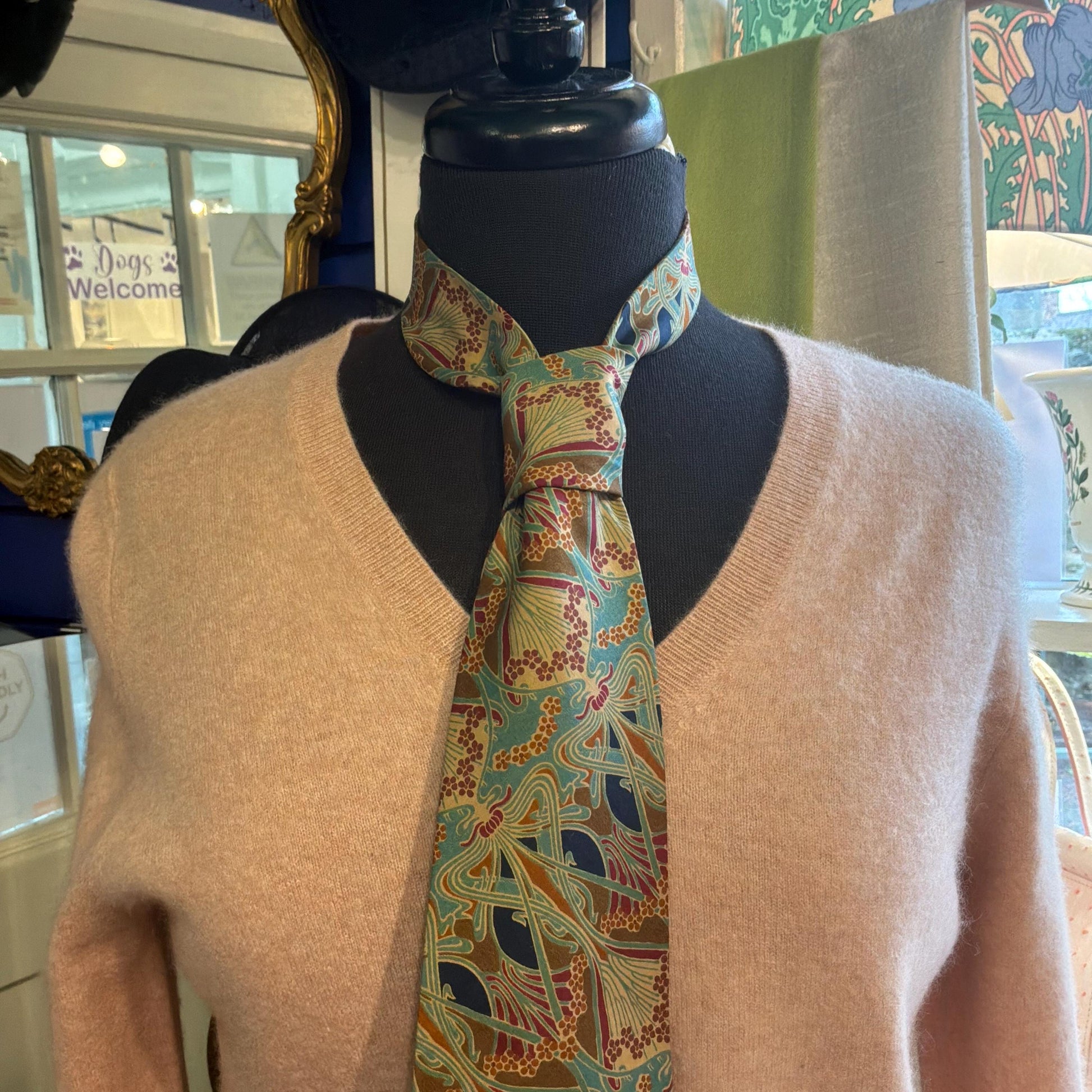 Vintage Liberty of London Ianthe Tana Lawn Cotton Tie, Shades of Turquoise Blue, Gold, and Orange