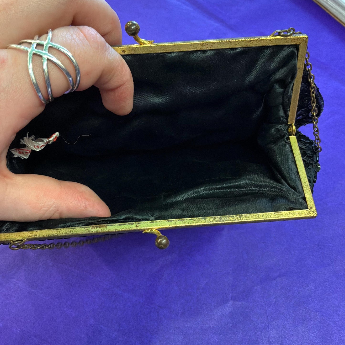 Vintage French Handmade 1930/40s Black Satin Beaded Evening Bag