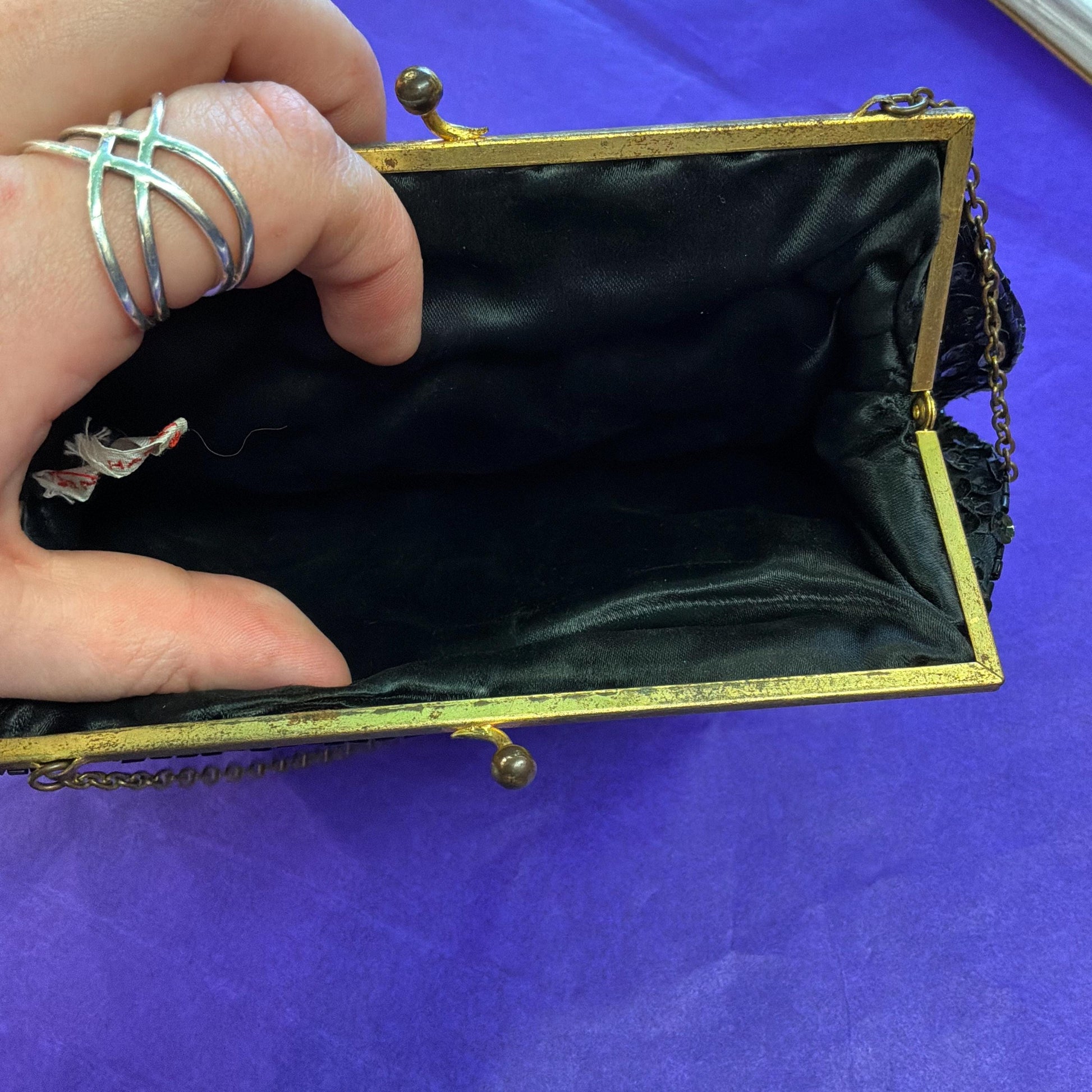 Vintage French Handmade 1930/40s Black Satin Beaded Evening Bag