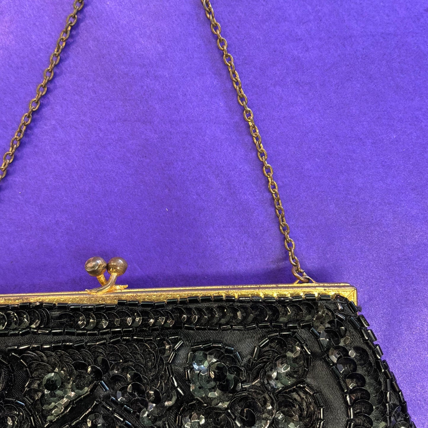 Vintage French Handmade 1930/40s Black Satin Beaded Evening Bag