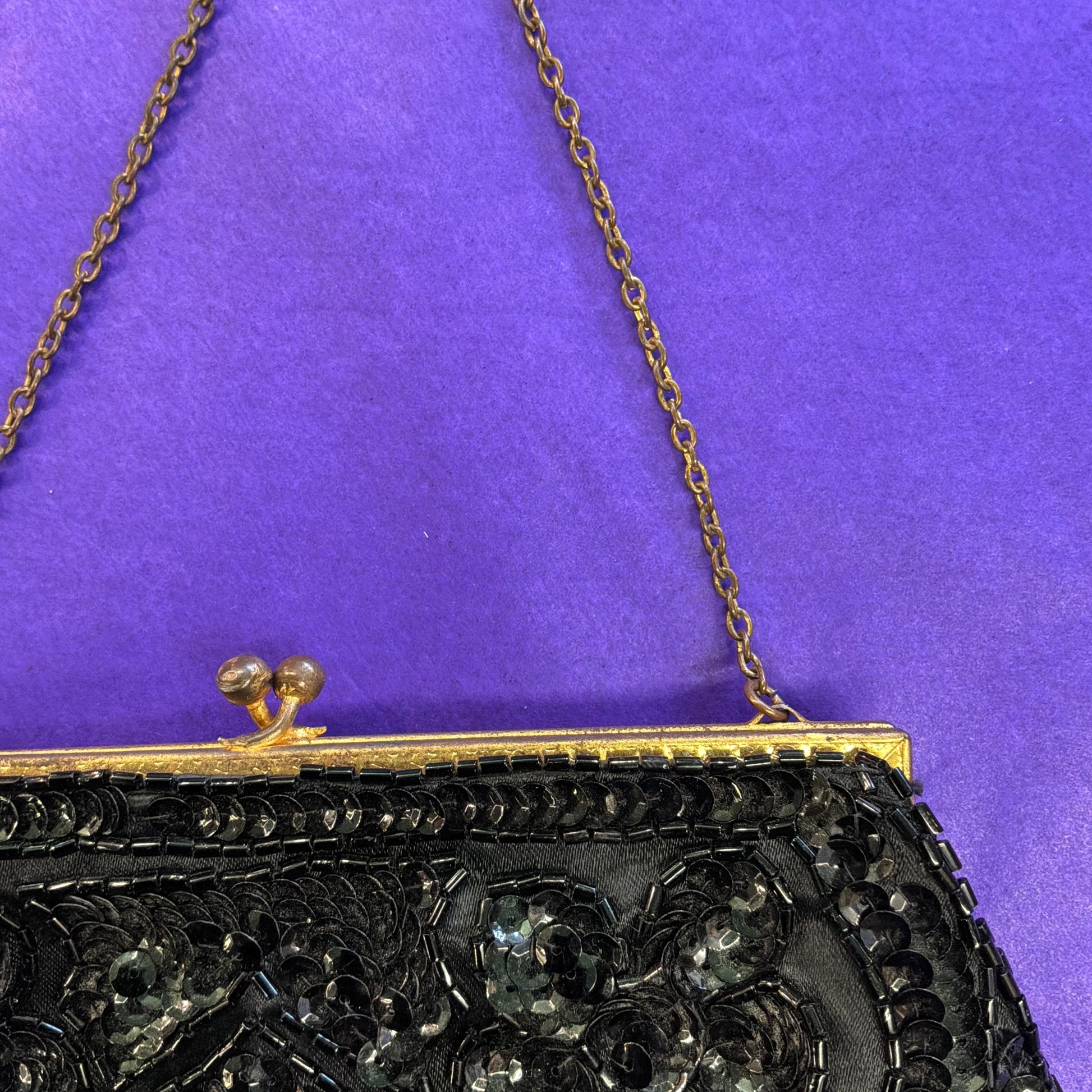 Vintage French Handmade 1930/40s Black Satin Beaded Evening Bag