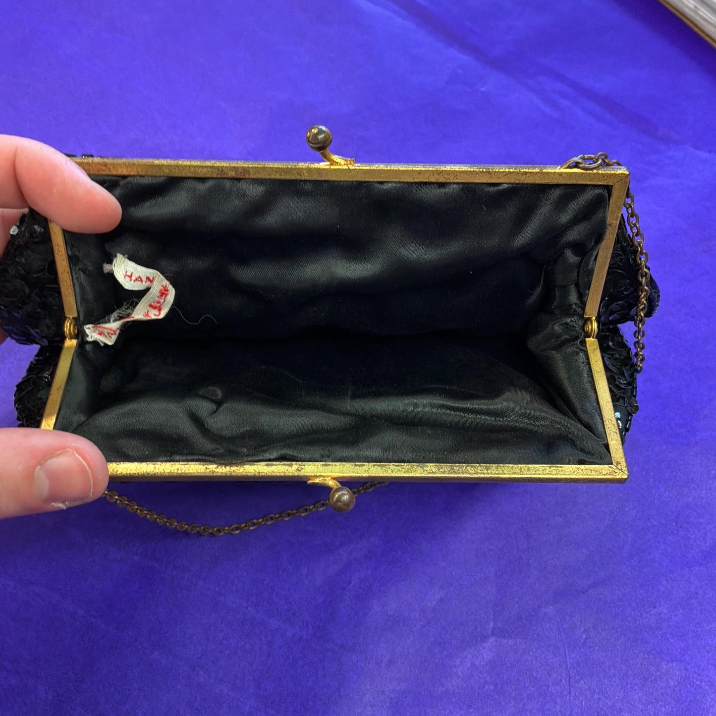 Vintage French Handmade 1930/40s Black Satin Beaded Evening Bag