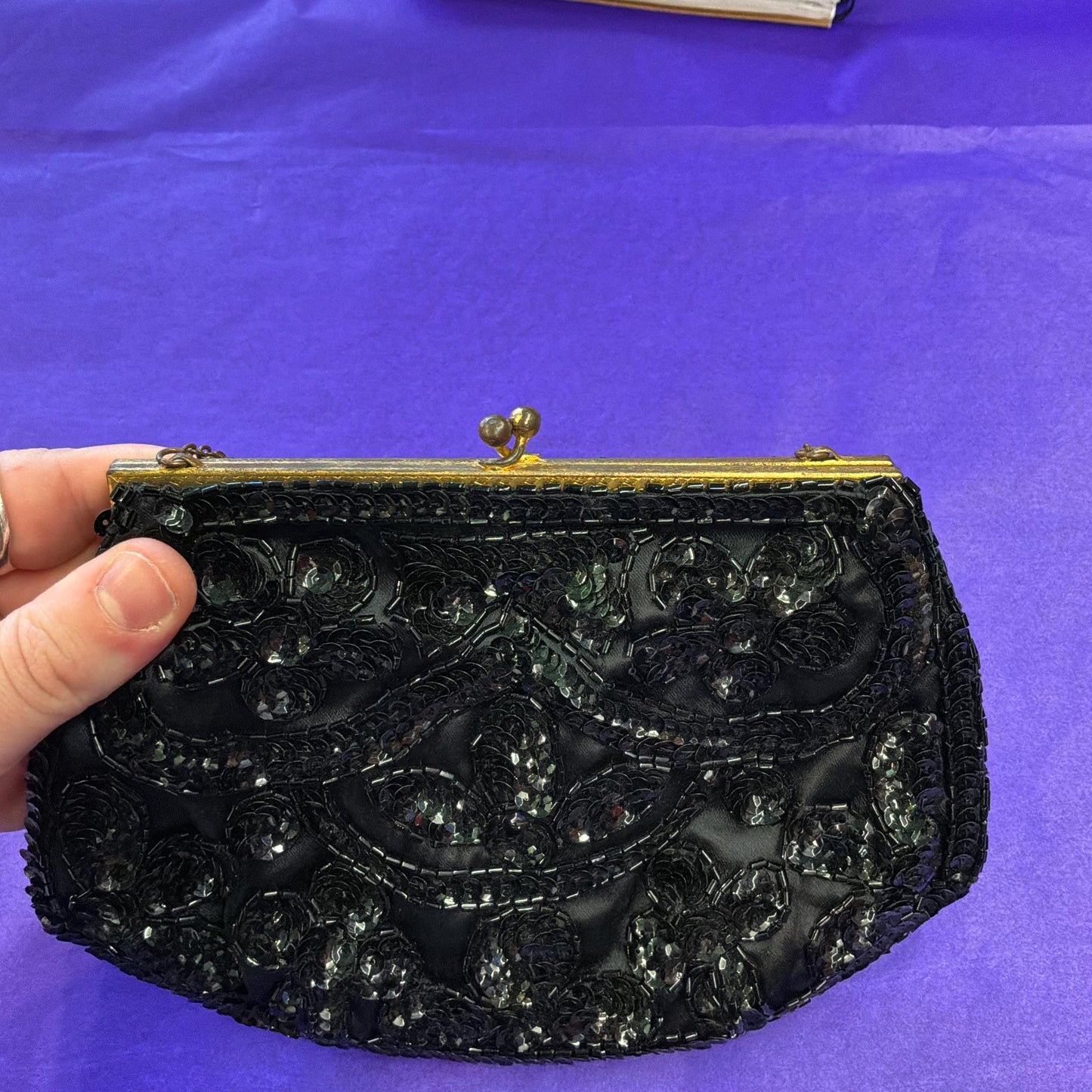 Vintage French Handmade 1930/40s Black Satin Beaded Evening Bag