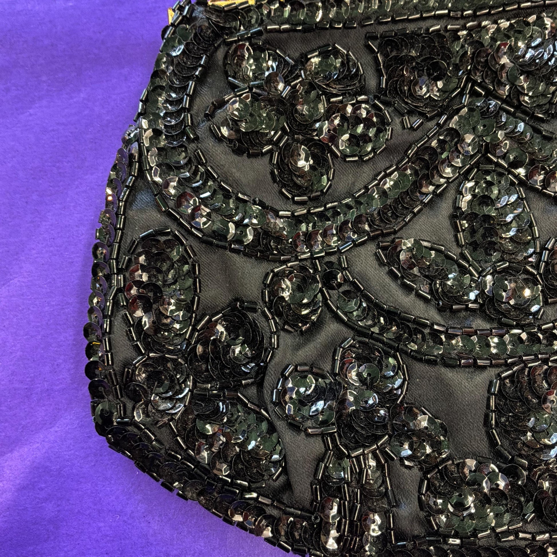 Vintage French Handmade 1930/40s Black Satin Beaded Evening Bag