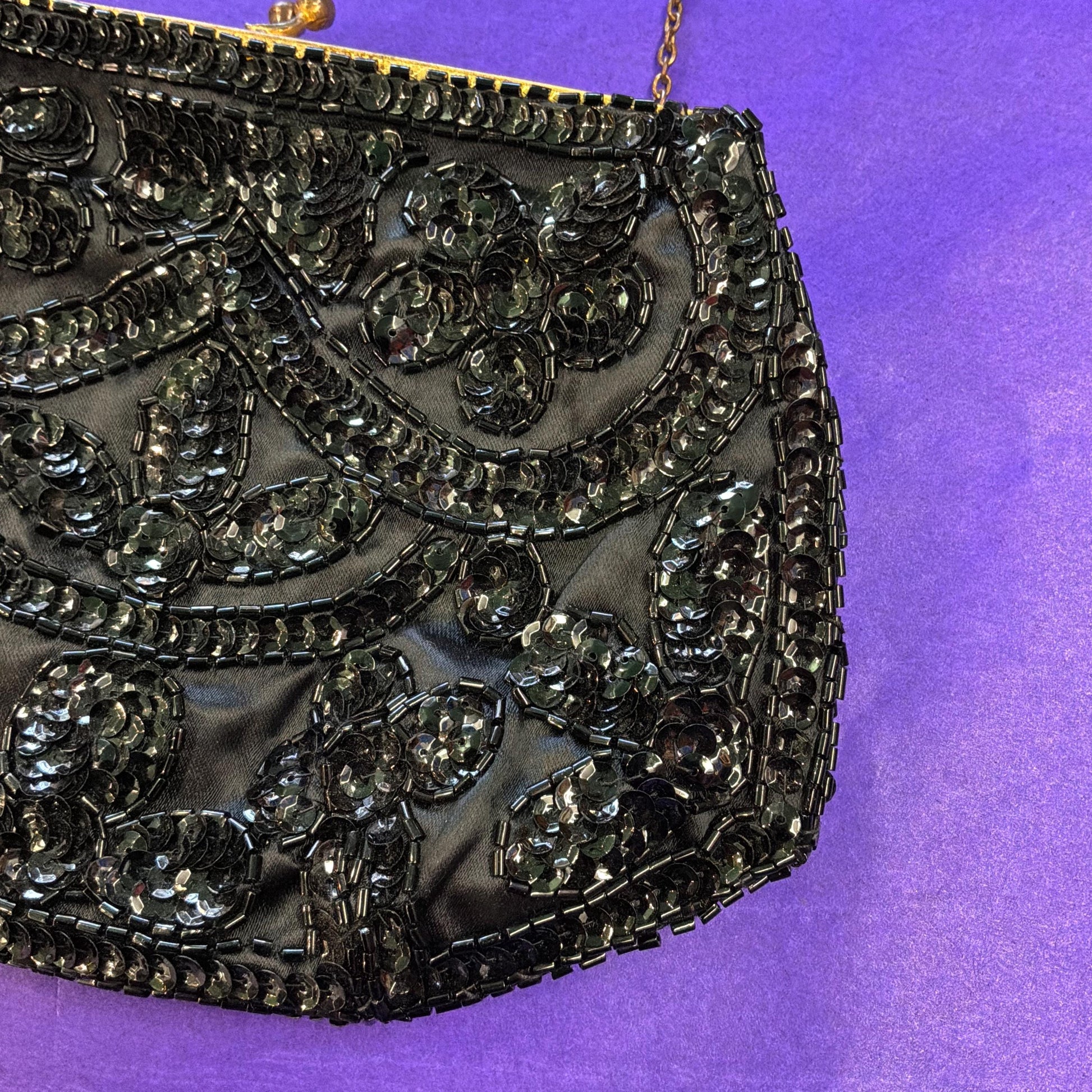 Vintage French Handmade 1930/40s Black Satin Beaded Evening Bag