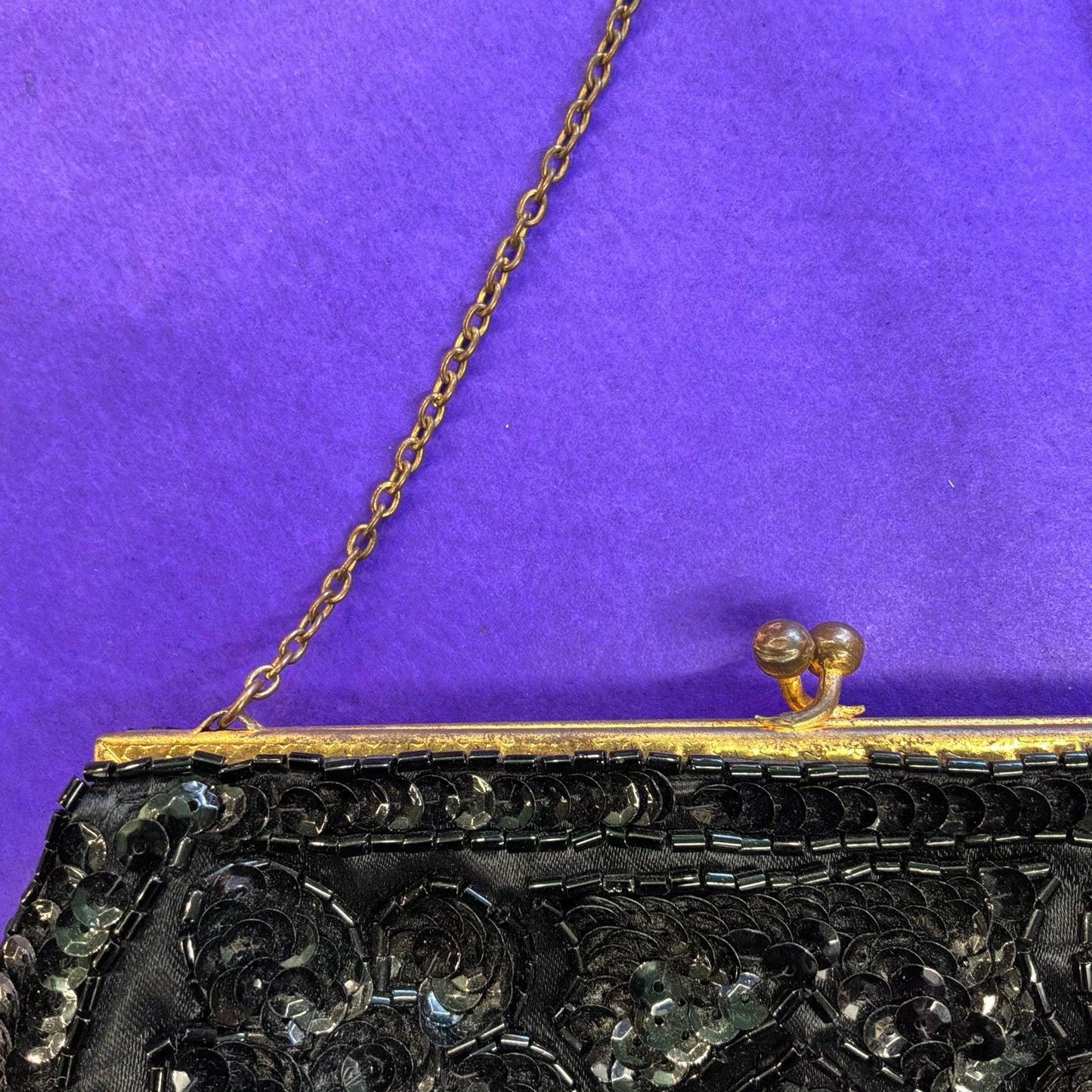 Vintage French Handmade 1930/40s Black Satin Beaded Evening Bag
