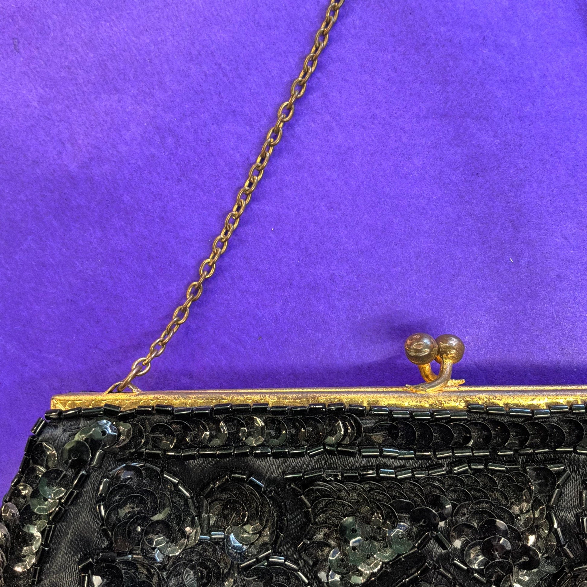 Vintage French Handmade 1930/40s Black Satin Beaded Evening Bag