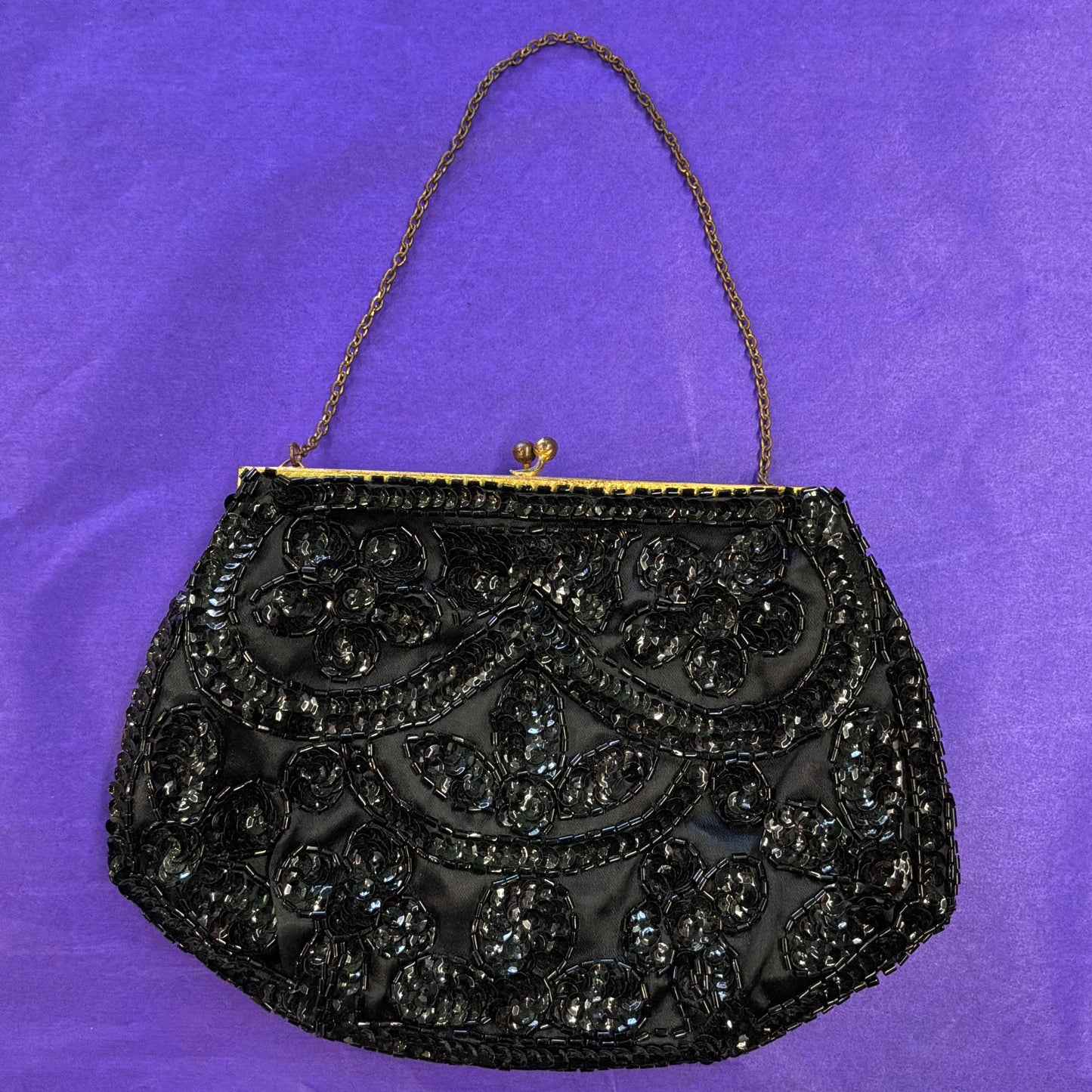 Vintage French Handmade 1930/40s Black Satin Beaded Evening Bag