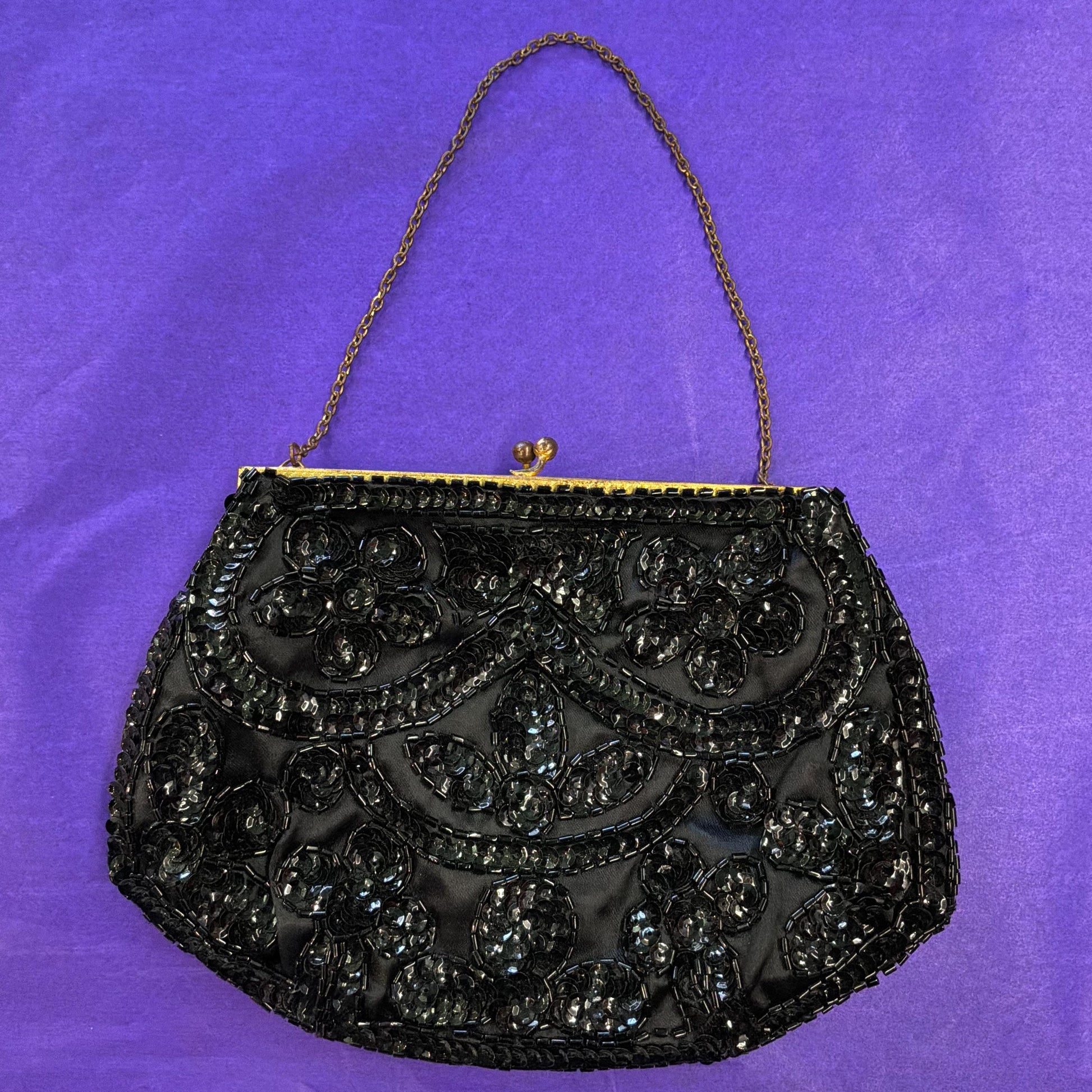 Vintage French Handmade 1930/40s Black Satin Beaded Evening Bag