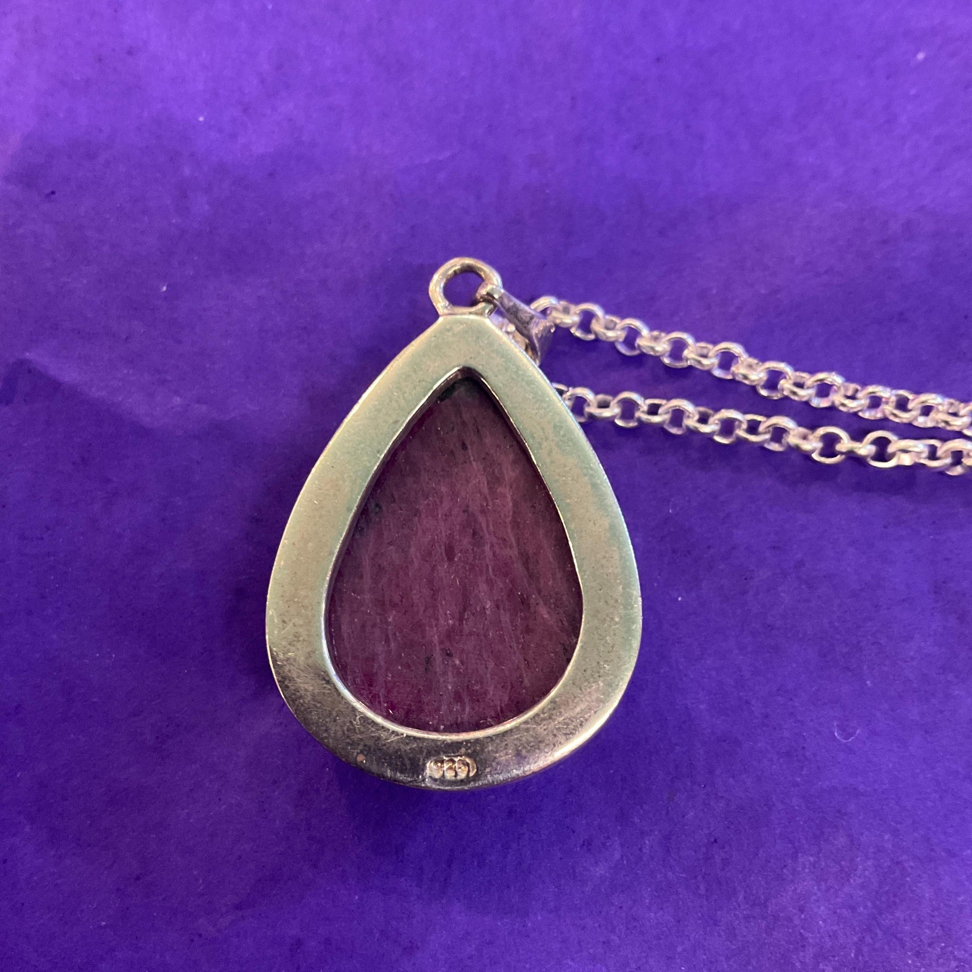 Vintage Silver (925) & Ruby Zoisite Teardrop Shaped Pendant , Silver plated cable chain