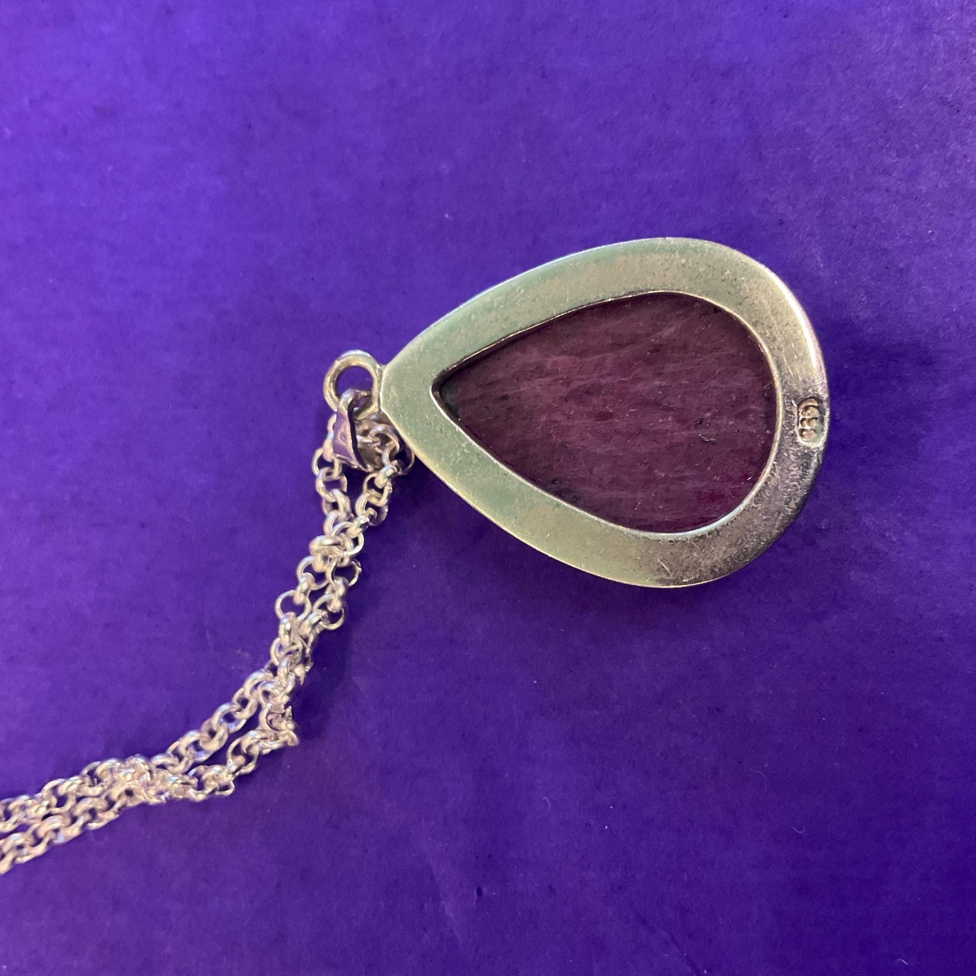 Vintage Silver (925) & Ruby Zoisite Teardrop Shaped Pendant , Silver plated cable chain