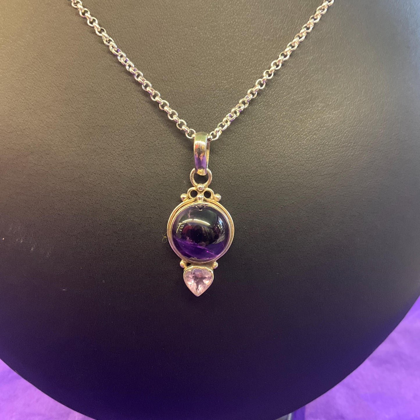Vintage Amethyst and Silver (925) Pendant, Artisan made with new silver plated chain