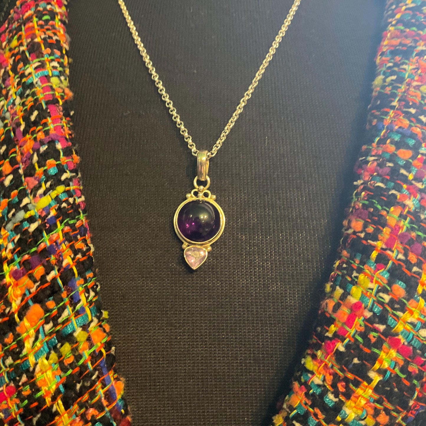 Vintage Amethyst and Silver (925) Pendant, Artisan made with new silver plated chain