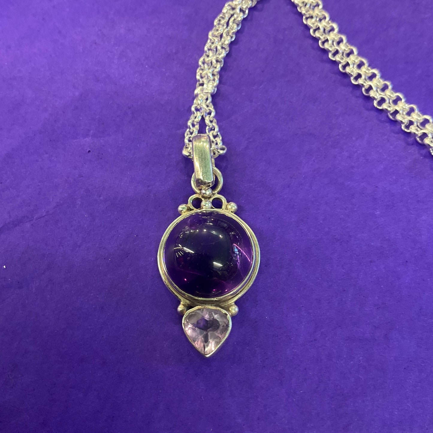 Vintage Amethyst and Silver (925) Pendant, Artisan made with new silver plated chain