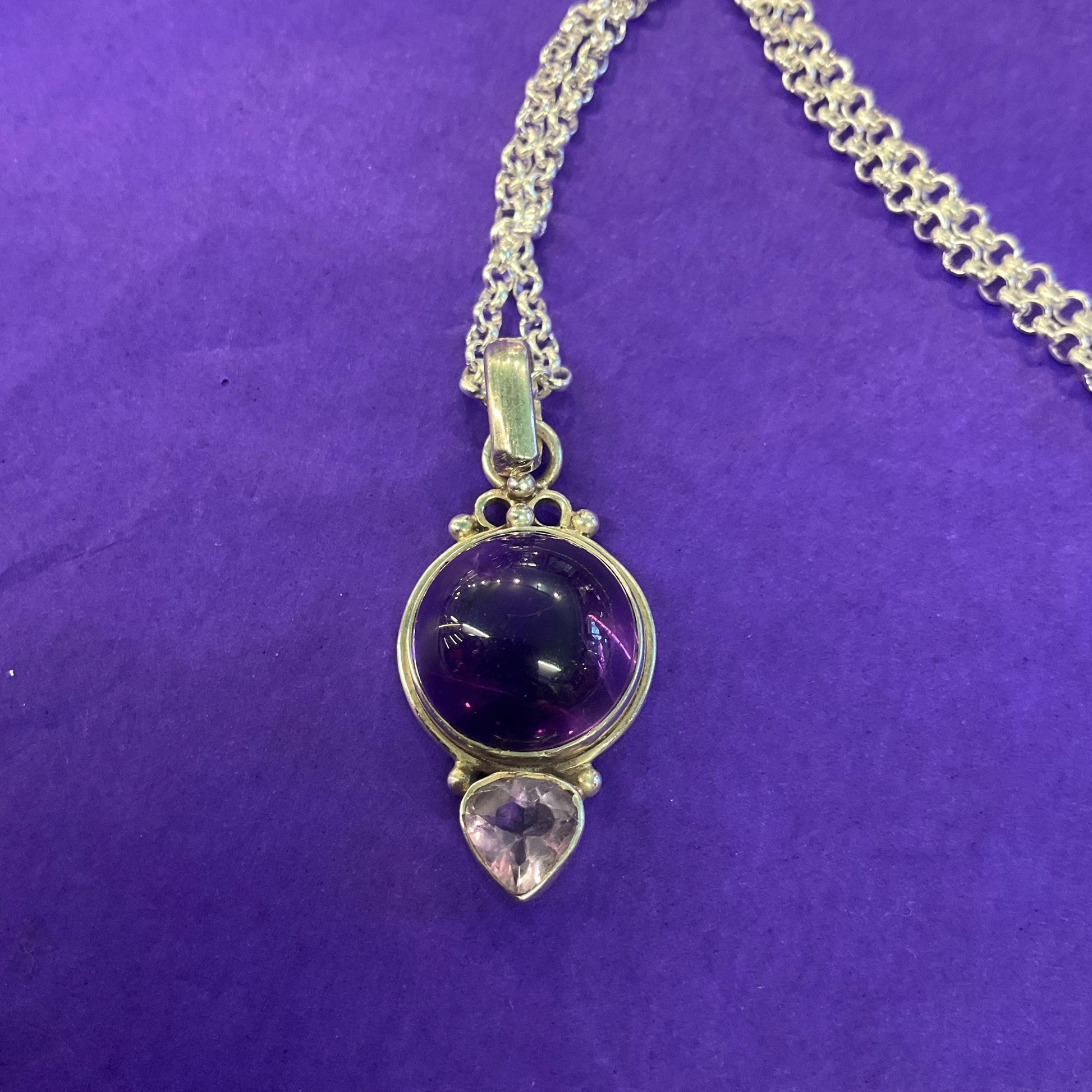 Vintage Amethyst and Silver (925) Pendant, Artisan made with new silver plated chain