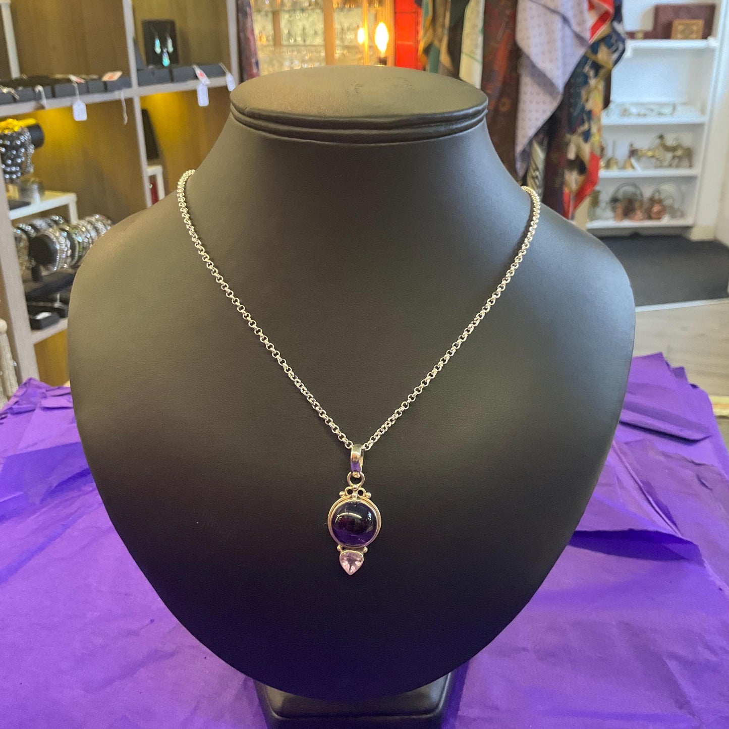 Vintage Amethyst and Silver (925) Pendant, Artisan made with new silver plated chain